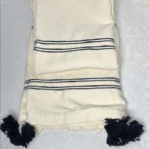 Blue Ground Boho Tassel Cotton Shower Curtain (unlined) Black Off-white